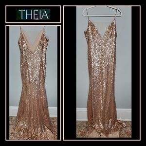 NWOT* THEIA Gown | Size 16 | Illusion Plunge | Mermaid | Rose Gold Sequins